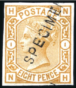 Stamp of Great Britain » 1855-1900 Surface Printed 1876 8d Orange imperforate colour trial with SPECI