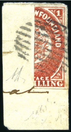 Stamp of Canada » Newfoundland 1857 1s Scarlet bisect (right half) tied to small 