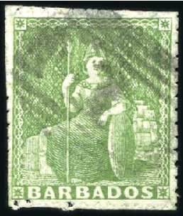 Stamp of Barbados 1860 Britannia 1 1/2d green, pin perforated 12 1/2