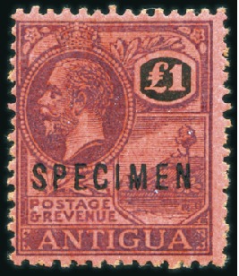 Stamp of Antigua & Barbuda 1922 £1 with SPECIMEN overprint, mint hinge remain