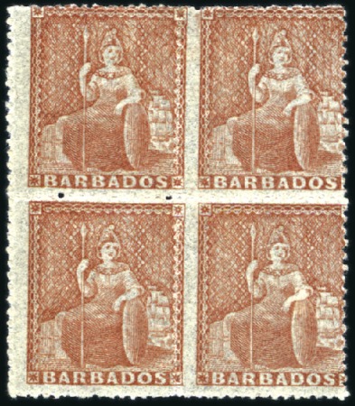 Stamp of Barbados 1865 Britannia 4d dull brown red in block of 4, to