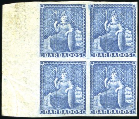 Stamp of Barbados 1861 Britannia 1d pale blue, worn plate, in margin