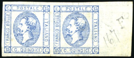Stamp of Italy 1863 15C litho in horizontal right margin pair on