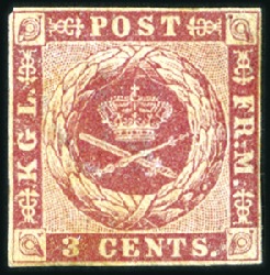Stamp of Danish West Indies 1856 3c Carmine, yellow gum, nearly mint never hin