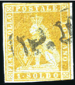 Stamp of Italian States » Tuscany 1851 1So Golden yellow on blue paper, bottom and t
