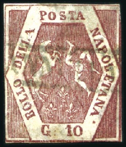 Stamp of Italian States » Naples 1859 POSTAL FORGERY: 10gr red brown type I, used w