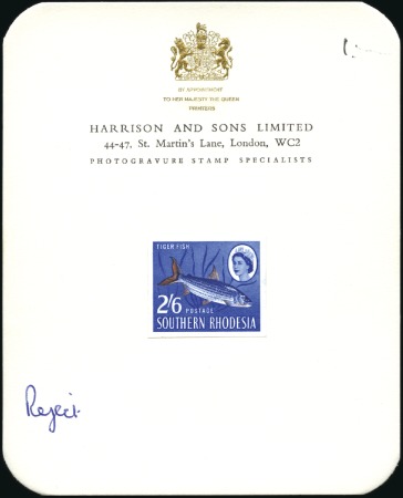 Stamp of Southern Rhodesia 1964 2s6d imperf. die proof affixed to Harrison an