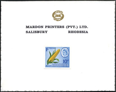 Stamp of Southern Rhodesia 1964 1s / 10c imperf. die proof essay affixed to M