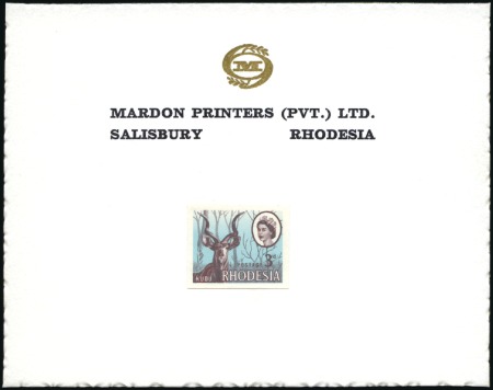 Stamp of Southern Rhodesia 1964 3d imperf. die proof essay affixed to Mardon 