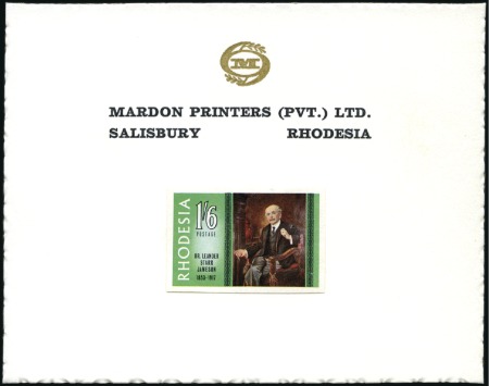 Stamp of Rhodesia 1967 Dr. Jameson 1s6d imperf. die proof affixed to