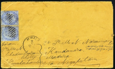 Stamp of Malaysia » Malaysian States » Selangor 1891 (Aug 18) Envelope to India with Straits Settl