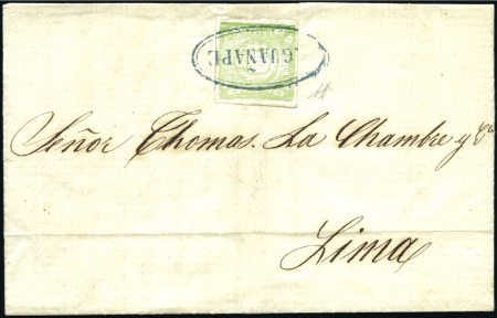 Stamp of Peru 1868-72 1d green, good margins, tied by oval GUANA