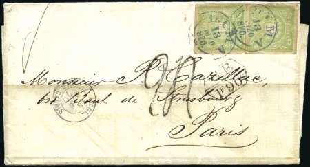 Stamp of Peru 1868-72 1d green x2, good margins, tied by Lima cd
