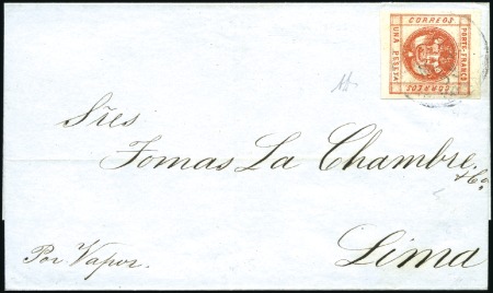 Stamp of Peru 1858 1p rose red, large margins, on 1859 cover fro