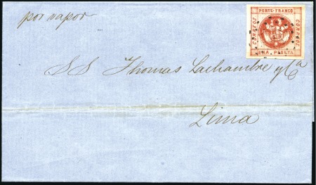 Stamp of Peru 1858 1p rose red, large margins, on 1859 cover fro