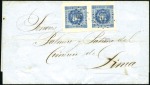 Stamp of Peru 1858 1d blue in pair with TRUC cancel on March 185