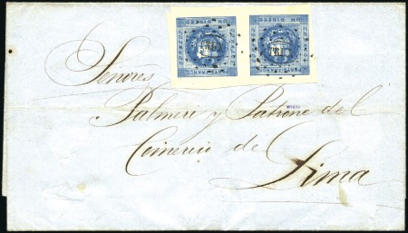 Stamp of Peru 1858 1d blue in pair with TRUC cancel on March 185