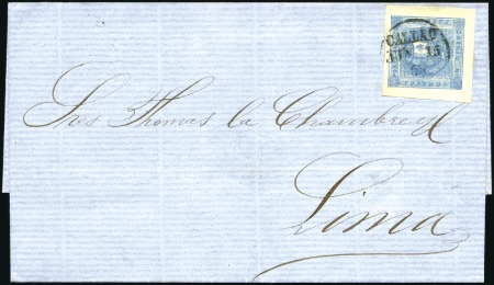 Stamp of Peru 1858 1d blue tied by CALLAO cds to 1859 cover to L