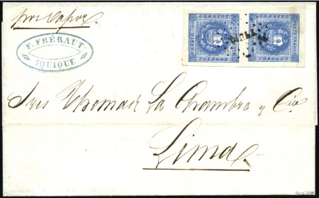 Stamp of Peru 1858 1d blue in pair on 1858 cover from Iquique to