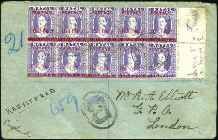 Stamp of South Africa » Natal 1895 1/2d on 6d right marginal block of 10 showing