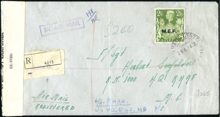 Stamp of British Occupation of Italian Colonies » Eritrea 1944 (Apr 29) Envelope sent registered to a milita