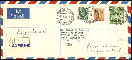 Stamp of British Occupation of Italian Colonies » Eritrea 1948 (Aug 6) Airmail envelope sent registered to t