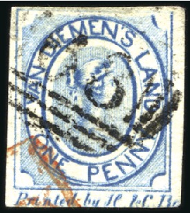 Stamp of Australia » Tasmania 1853 1d Blue used with printer's inscription "Prin