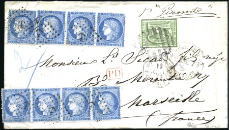 Stamp of France 1873 Afft mixte avec Uruguay 10c vert + Cérès 25c