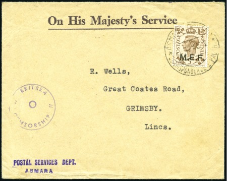 Stamp of British Occupation of Italian Colonies » Eritrea 1942 (Dec 8) OHMS envelope from the Asmara Post Se