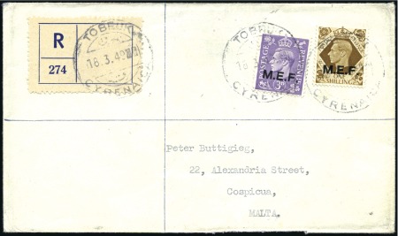 Stamp of British Occupation of Italian Colonies » Cyrenaica 1949 (Mar 18) Envelope sent registered to Malta wi