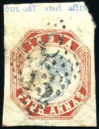 Stamp of India 1854 4a Blue & Red, 5th printing, top marginal exa