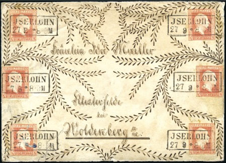 Stamp of German States » Prussia 1859 1/2Sgr /6pf orange, six examples tied by ISER
