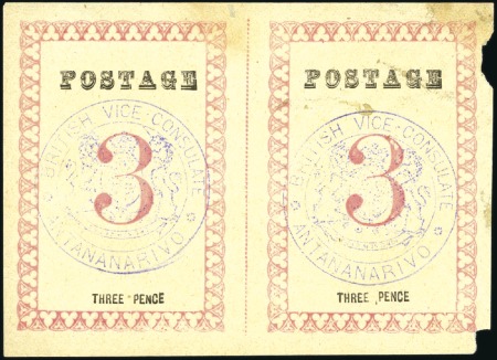 Stamp of Madagascar (British Post) 1886 3d "POSTAGE" Consular pair with violet Consul
