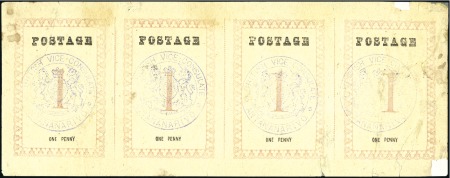 Stamp of Madagascar (British Post) 1886 1d "POSTAGE" Consular strip of four with viol