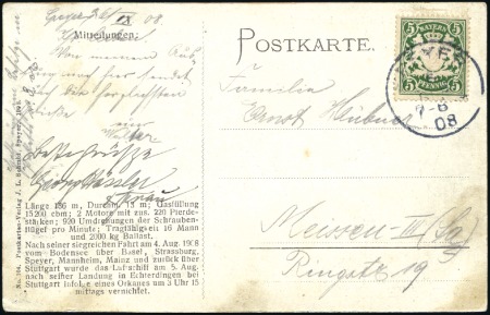 Stamp of Germany » German Empire 1908 Zeppelin LZ 4 card franked Bavaria 5pf and ca