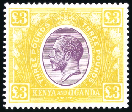 Stamp of Kenya, Uganda and Tanganyika » Kenya, Uganda and Tanganyika 1922-27 Wmk Script CA £3 purple and yellow, on cha