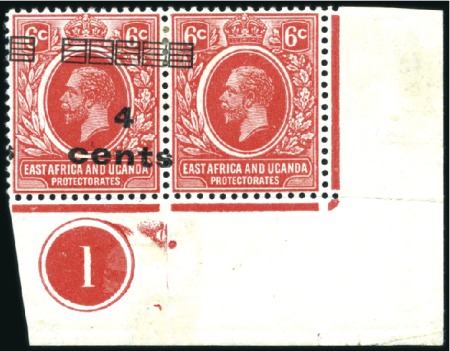 Stamp of Kenya, Uganda and Tanganyika » Kenya, Uganda and Tanganyika 1919 Surcharge 4c on 6c scarlet, mint bottom right