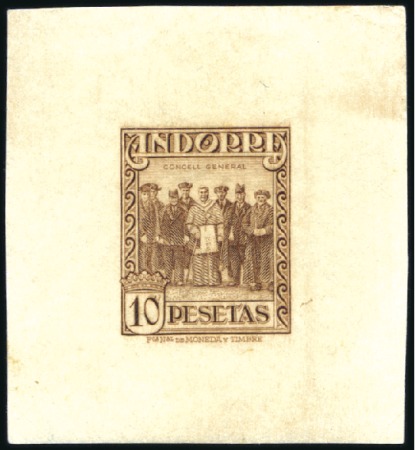 Stamp of Andorra (Spanish Post) 1929 10pta yellow-brown imperforated proof, very f