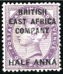 Stamp of Kenya, Uganda and Tanganyika » British East Africa 1890 Surcharges: 1/2a on on 1d deep purple, mint, 