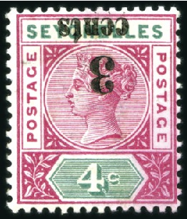 Stamp of Seychelles 1893 3c on 4c with INVERTED SURCHARGE, mint light 