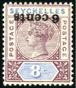 Stamp of Seychelles 1901 6c on 8c showing variety INVERTED SURCHARGE, 