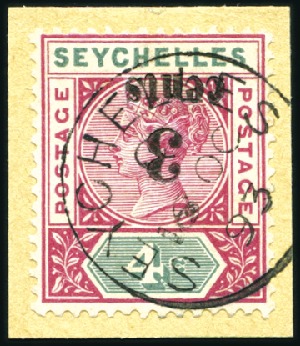 Stamp of Seychelles 1893 3c on 4c showing variety INVERTED SURCHARGE, 