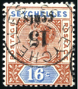 Stamp of Seychelles 1893 15c on 16c (Die I) showing variety INVERTED S