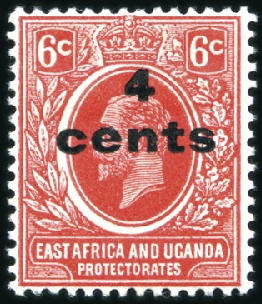 Stamp of Kenya, Uganda and Tanganyika » Kenya, Uganda and Tanganyika 1919 Surcharges: 4c on 6c scarlet, mint selection 
