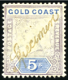 Stamp of Gold Coast 1889-94 5s to 20s set of four with SPECIMEN ovpt, 