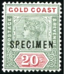 Stamp of Gold Coast 1889-94 5s to 20s set of four with SPECIMEN ovpt, 