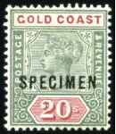 Stamp of Gold Coast 1889-94 5s to 20s set of four with SPECIMEN ovpt, 