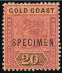 Stamp of Gold Coast 1889-94 5s to 20s set of four with SPECIMEN ovpt, 
