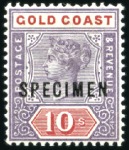 Stamp of Gold Coast 1889-94 5s to 20s set of four with SPECIMEN ovpt, 