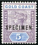 Stamp of Gold Coast 1889-94 5s to 20s set of four with SPECIMEN ovpt, 